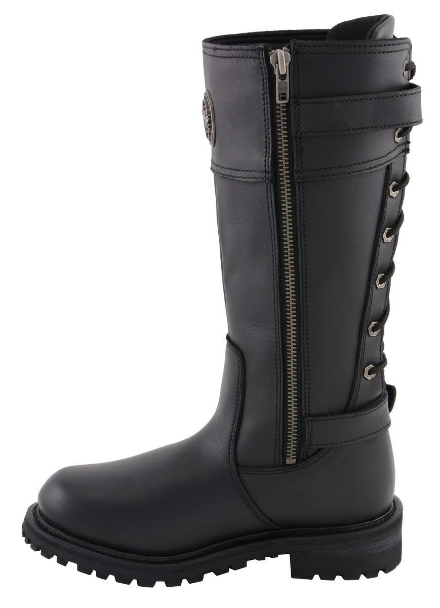Milwaukee Leather MBL9385 Women's Black Leather 15-Inch Calf Laced Motorcycle Riding Boots with Side Zipper