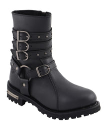 Milwaukee Leather MBL9399 Women's 9-Inch Triple Buckle Black Leather Harness Biker Boots w/ Side Zipper
