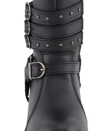 Milwaukee Leather MBL9399 Women's 9-Inch Triple Buckle Black Leather Harness Biker Boots w/ Side Zipper