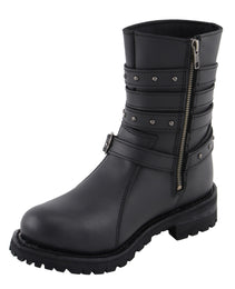 Milwaukee Leather MBL9399 Women's 9-Inch Triple Buckle Black Leather Harness Biker Boots w/ Side Zipper