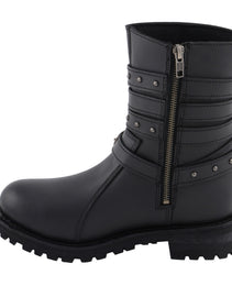 Milwaukee Leather MBL9399 Women's 9-Inch Triple Buckle Black Leather Harness Biker Boots w/ Side Zipper