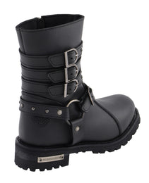 Milwaukee Leather MBL9399 Women's 9-Inch Triple Buckle Black Leather Harness Biker Boots w/ Side Zipper