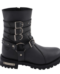Milwaukee Leather MBL9399 Women's 9-Inch Triple Buckle Black Leather Harness Biker Boots w/ Side Zipper