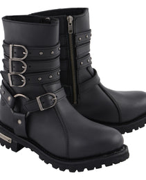 Milwaukee Leather MBL9399 Women's 9-Inch Triple Buckle Black Leather Harness Biker Boots w/ Side Zipper Entry
