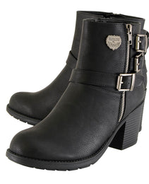 Milwaukee Leather Women's Short Black Fashion Boots w/ Side Zipper and Triple Buckle Adjustment MBL9405