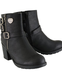 Milwaukee Leather MBL9405 Women's Short Black Fashion Boots with Side Zippers and Triple Buckle Adjustment