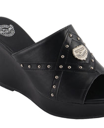 Milwaukee Leather MBL9407 Women's Black Open Toe Fashion Casual Wedge Sandals with Studs