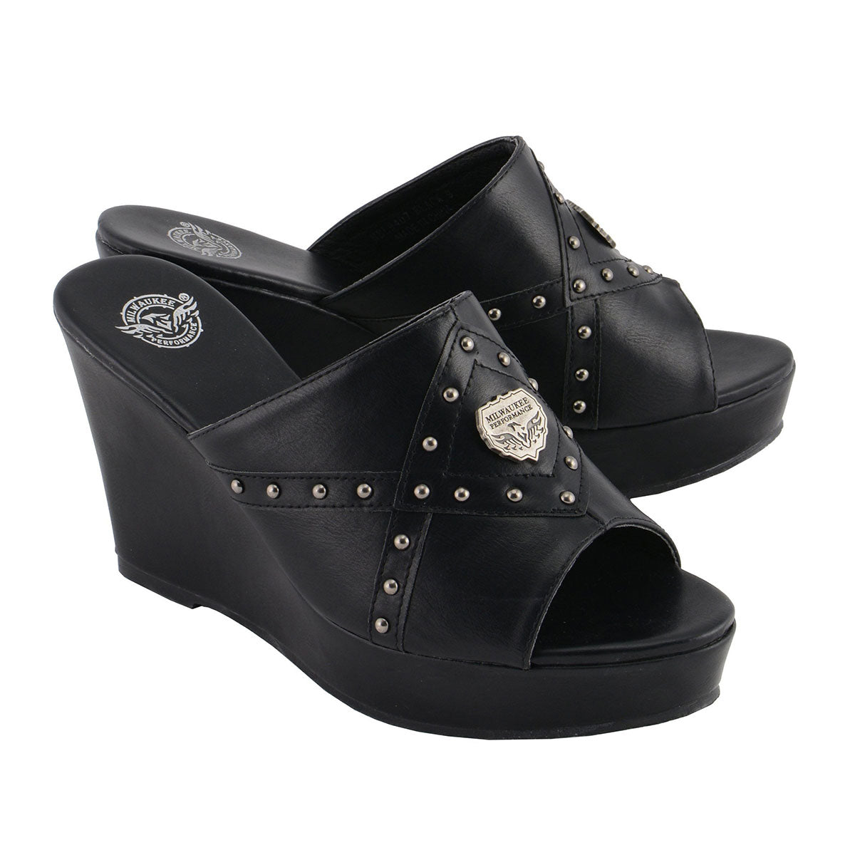 Milwaukee Performance MBL9407 Women's Black Open Toe Wedge Sandals with Studs