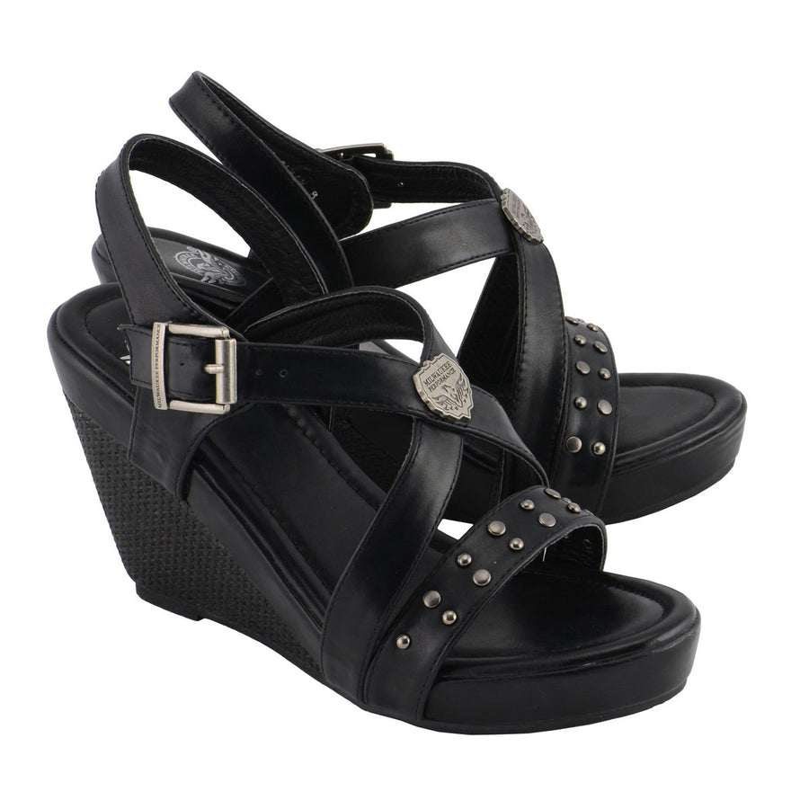 Milwaukee Leather MBL9413 Women's Black Triple Strap Studded Fashion Casual Wedge Sandal