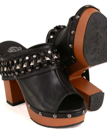 Milwaukee Leather MBL9415 Women's Black Peep-Toe Platform Fashion Casual Clog with Wrap Around Studding
