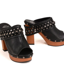 Milwaukee Leather MBL9415 Women's Black Peep-Toe Platform Fashion Casual Clog with Wrap Around Studding