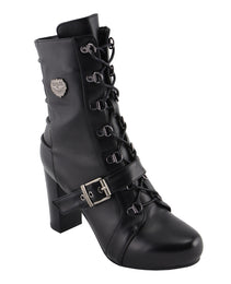 Milwaukee Leather MBL9431 Women's Black Lace-Up Fashion Boots with Block Heel and Buckle Strap