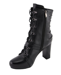 Milwaukee Leather MBL9431 Women's Black Lace-Up Fashion Boots with Block Heel and Buckle Strap