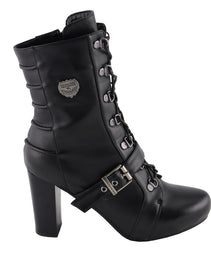 Milwaukee Leather MBL9431 Women's Black Lace-Up Fashion Boots with Block Heel and Buckle Strap