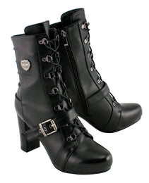 Milwaukee Leather MBL9431 Women's Black Lace-Up Fashion Boots with Block Heel and Buckle Strap
