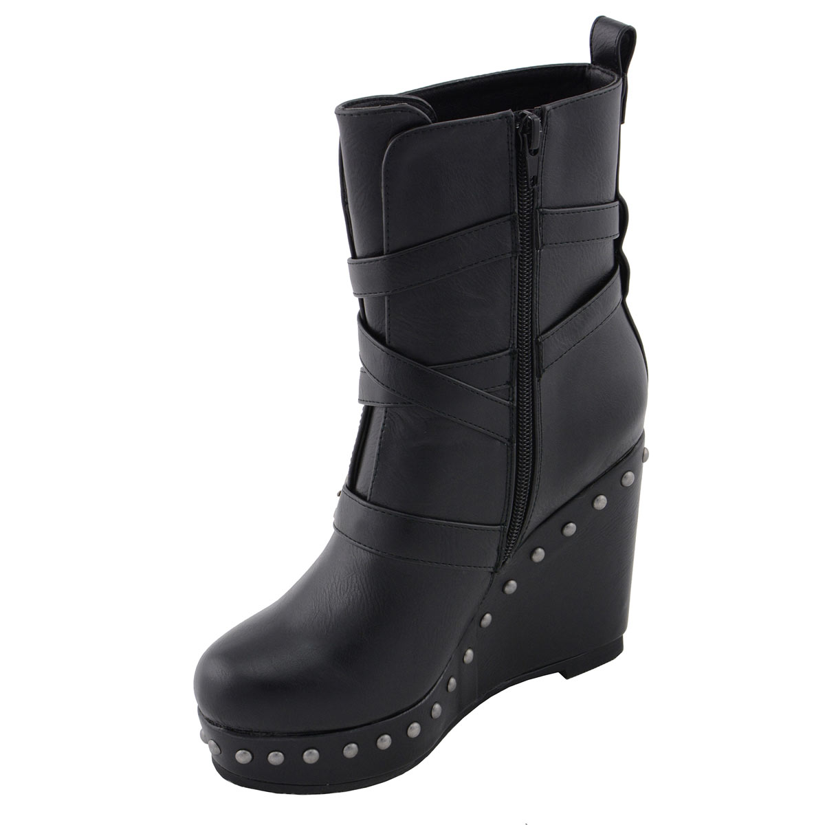 Milwaukee Leather MBL9437 Women's Black Triple Strap Fashion Boots with Platform Wedge