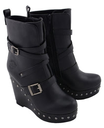 Milwaukee Leather MBL9437 Women's Black Triple Strap Fashion Boots with Platform Wedge