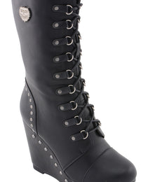 Milwaukee Leather MBL9438 Women's Black Tall Lace-Up Fashion Casual Boots with Platform Wedge
