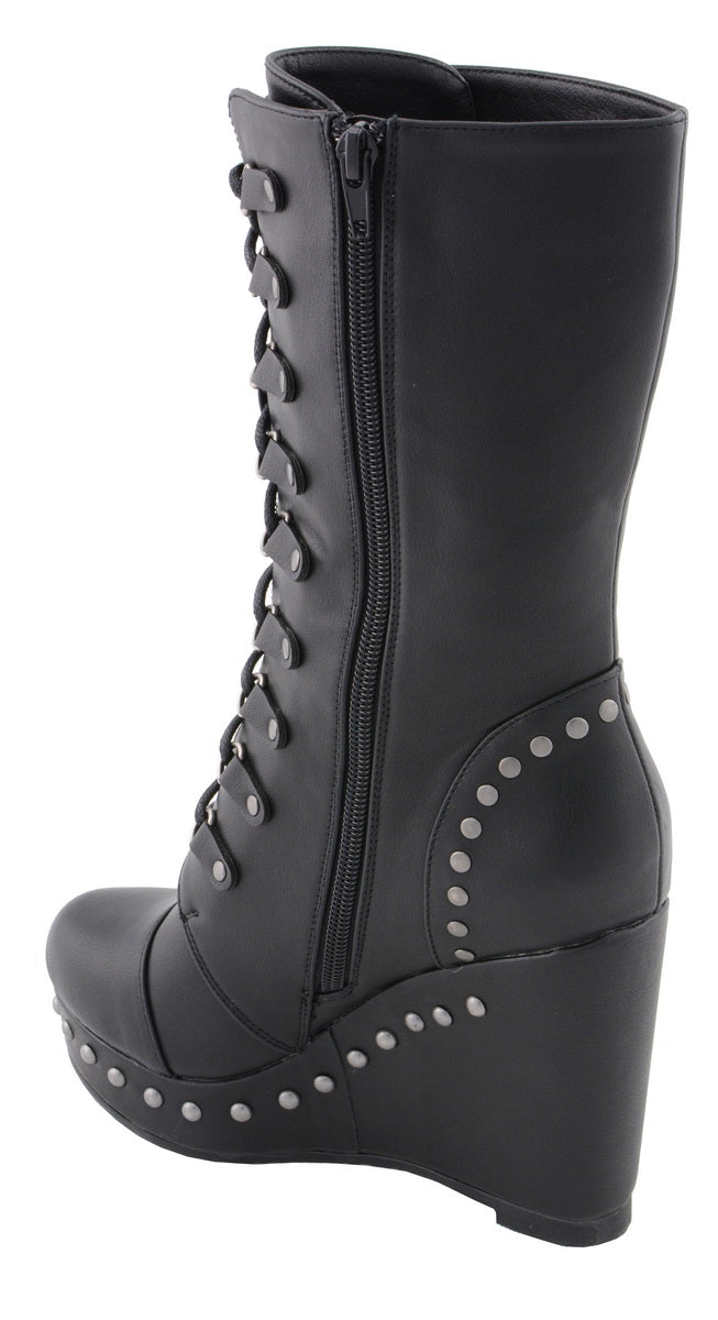 Milwaukee Leather MBL9438 Women's Black Tall Lace-Up Fashion Casual Boots with Platform Wedge
