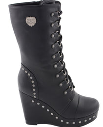 Milwaukee Leather MBL9438 Women's Black Tall Lace-Up Fashion Casual Boots with Platform Wedge