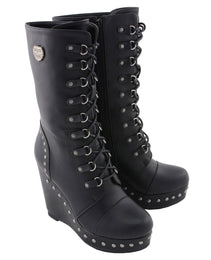 Milwaukee Leather MBL9438 Women's Black Tall Lace-Up Fashion Casual Boots with Platform Wedge