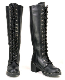 Milwaukee Leather MBL9442 Women's Black Lace-Up Tall Biker Fashion Boots with Platform Heel & Studs