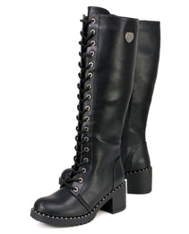 Milwaukee Leather MBL9442 Women's Black Lace-Up Tall Biker Fashion Boots with Platform Heel & Studs
