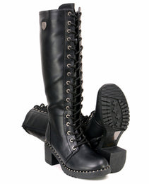 Milwaukee Leather MBL9442 Women's Black Lace-Up Tall Biker Fashion Boots with Platform Heel & Studs