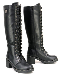 Milwaukee Leather MBL9442 Women's Black Lace-Up Tall Biker Fashion Boots with Platform Heel & Studs