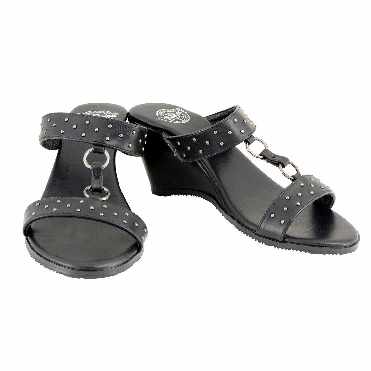 Milwaukee Leather MBL9450 Women's Black Studded Double Strap Wedge Sandals