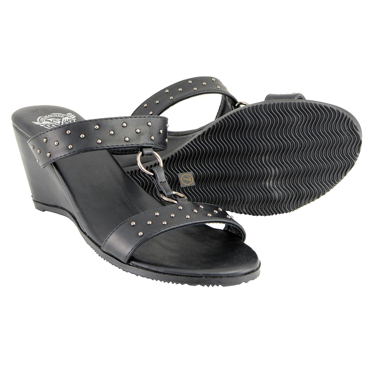 Milwaukee Leather MBL9450 Women's Black Studded Double Strap Wedge Sandals