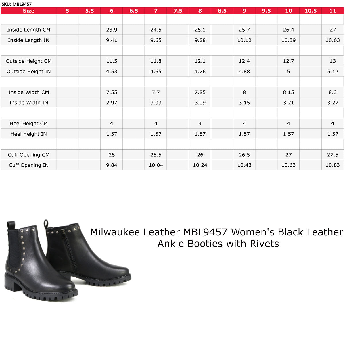 Milwaukee Leather MBL9457 Women's Premium Black Leather Fashion Ankle Booties with Rivets
