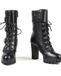 Milwaukee Leather MBL9459 Women's Premium Black Leather Buckles Platform Fashion Boots with Lace-Up Closure