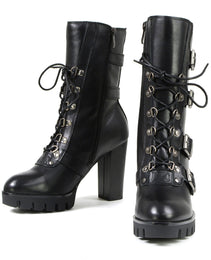 Milwaukee Leather MBL9459 Women's Premium Black Leather Buckles Platform Fashion Boots with Lace-Up Closure