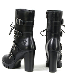 Milwaukee Leather MBL9459 Women's Premium Black Leather Buckles Platform Fashion Boots with Lace-Up Closure