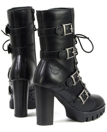 Milwaukee Leather MBL9459 Women's Premium Black Leather Buckles Platform Fashion Boots with Lace-Up Closure