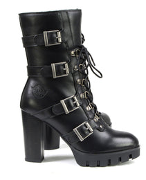 Milwaukee Leather MBL9459 Women's Premium Black Leather Buckles Platform Fashion Boots with Lace-Up Closure