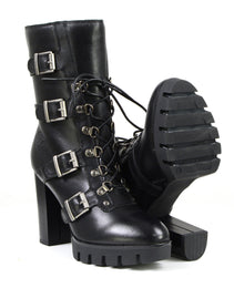 Milwaukee Leather MBL9459 Women's Premium Black Leather Buckles Platform Fashion Boots with Lace-Up Closure