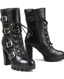 Milwaukee Leather MBL9459 Women's Premium Black Leather Buckles Platform Fashion Boots with Lace-Up Closure