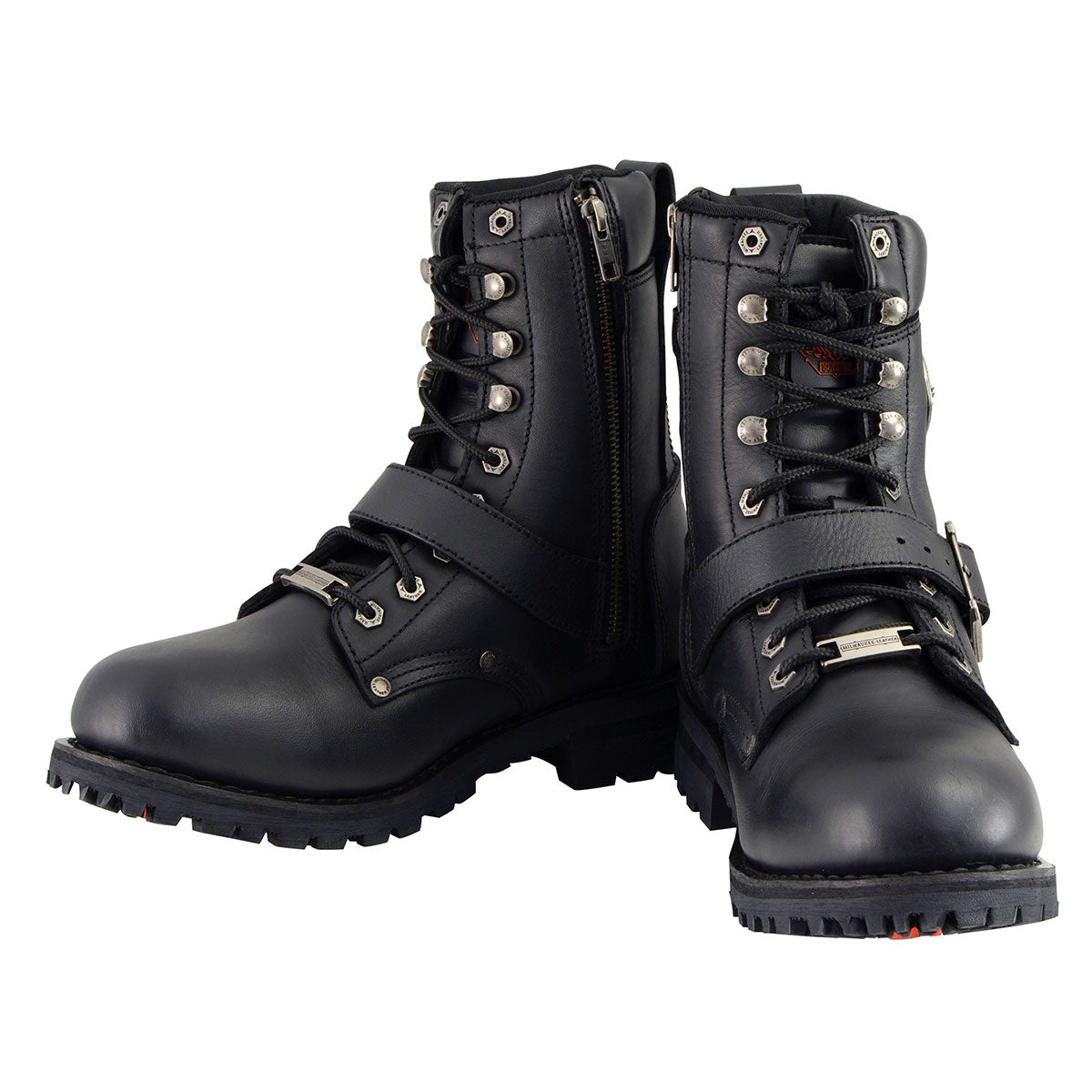 Milwaukee Leather Men s Black Leather Lace Up Engineer Motorcycle Boots w Buckles and Side Zipper MBM101