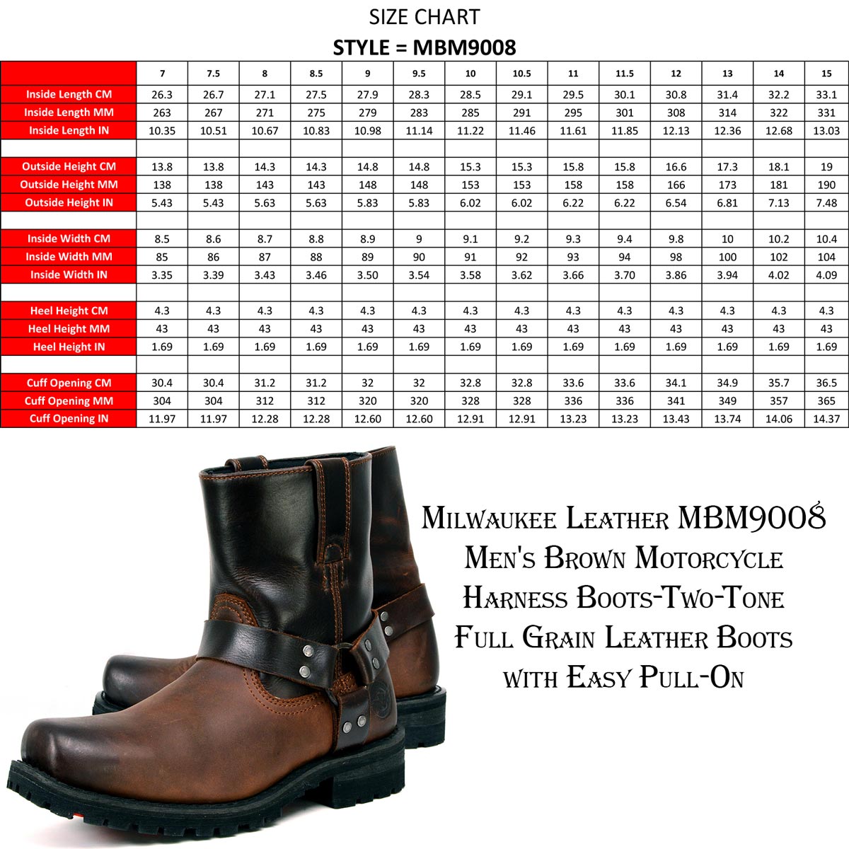Milwaukee Leather MBM9008 Men's Brown Motorcycle Harness Boots-Two-Tone Full Grain Leather Boots with Easy Pull-On