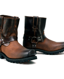 Milwaukee Leather MBM9008 Men's Brown Motorcycle Harness Boots-Two-Tone Full Grain Leather Boots with Easy Pull-On