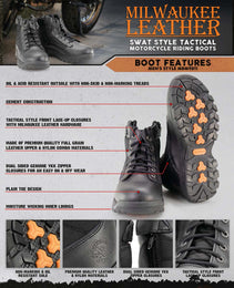 Milwaukee Leather Men's 6-inch Black Leather Swat Style-Tactical Lace-Up Biker Boots w/ Side Zippers MBM9011