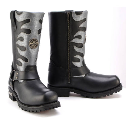 Milwaukee Leather MBM9067 Men's 'Flamed' 11-Inch Black Leather Harness Square Toe Motorcycle Boots