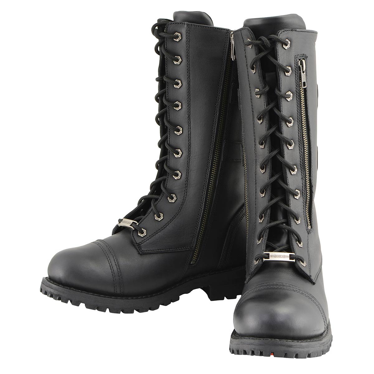 Milwaukee Leather MBM9069 Men’s Tall 'Tactical Style' Black Lace-Up Leather Boots with Buckles and Zipper Storage Pocket