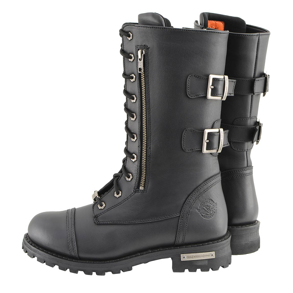 Milwaukee Leather MBM9069 Men’s Tall 'Tactical Style' Black Lace-Up Leather Boots with Buckles and Zipper Storage Pocket
