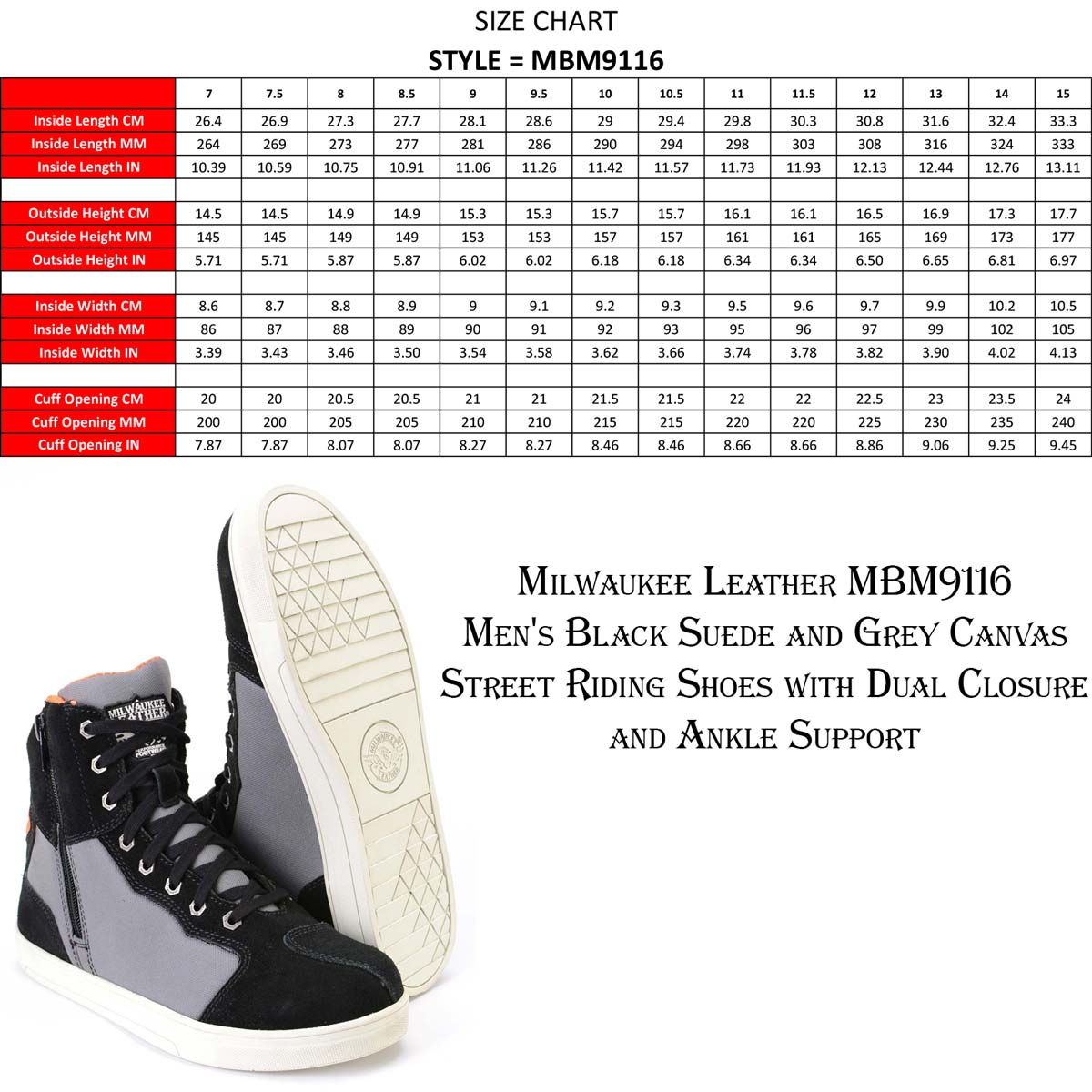 Milwaukee Leather MBM9116 Men's Black Suede and Grey Canvas Street Riding Shoes with Dual Closure and Ankle Support