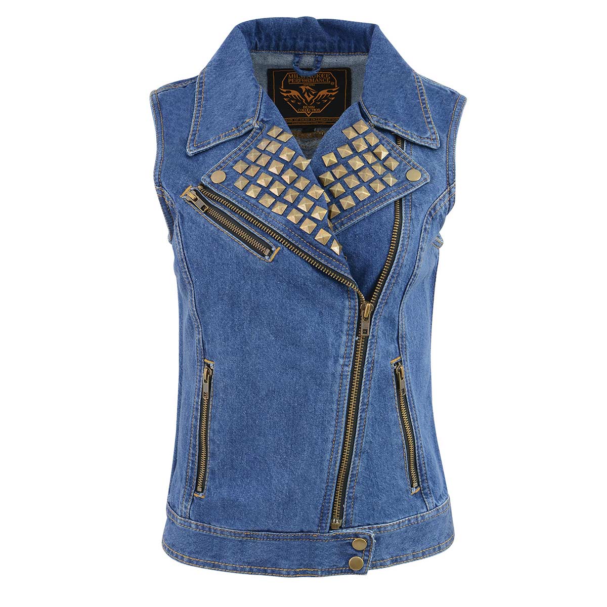 Milwaukee Leather MDL4030 Women's Blue Denim Zipper Front Motorcycle Vest with Studded Spikes