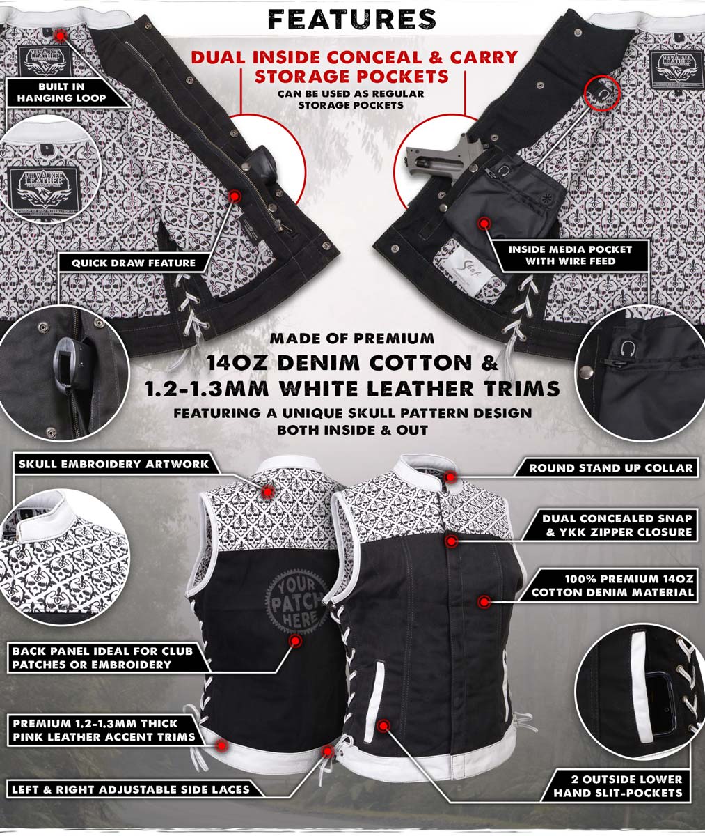 Milwaukee Leather MDL4050 Women's 'Skelly' Black with White