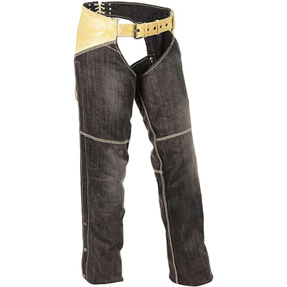 Milwaukee Leather MDL6905 Women's Two Tone Black and Beige Denim and Leather Chaps with Two Front Pockets